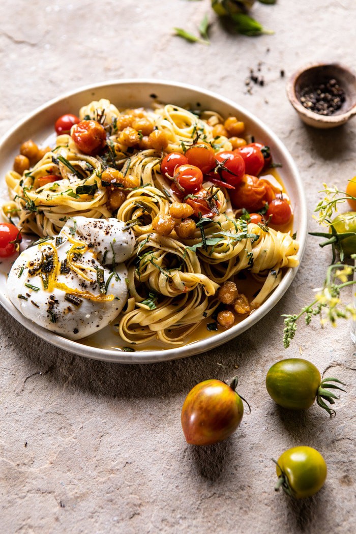 Jammy Cherry Tomato Pasta With Crisp Lemon Rosemary Chickpeas